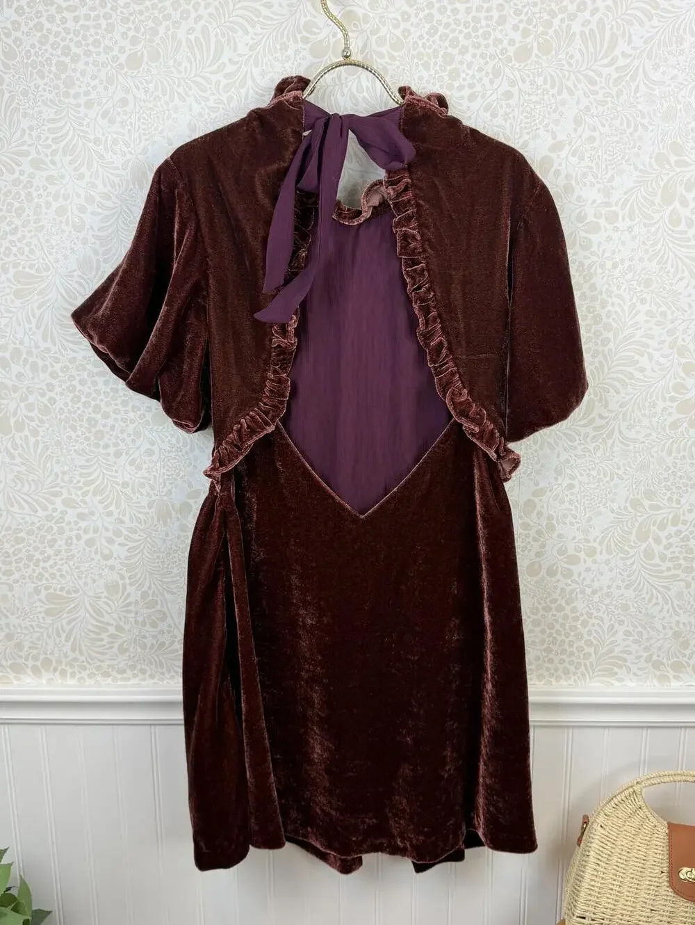 Free People Gum Drop Double Dare Brown Burgundy Velvet Mini Dress - Size - Large